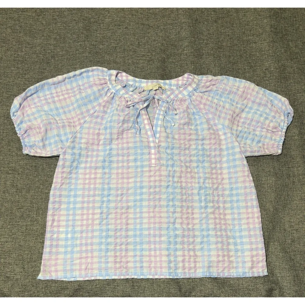 LOFT Women's Medium Blouse Gingham Purple Blue Puff Sleeve Tie Neck